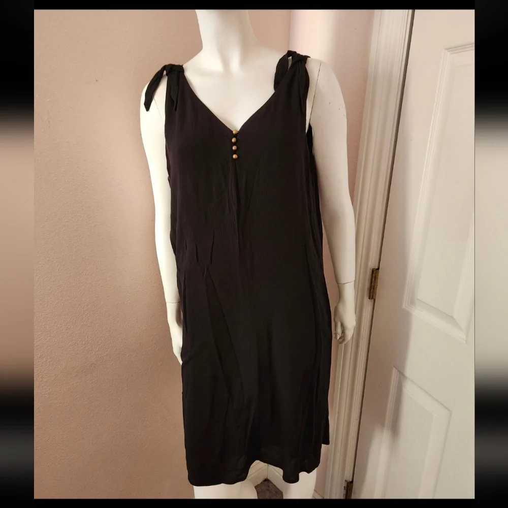 a.n.a A New Approach Black Shift Dress L Tank Tie Straps Faux Button Accent Summ - Picture 2 of 6
